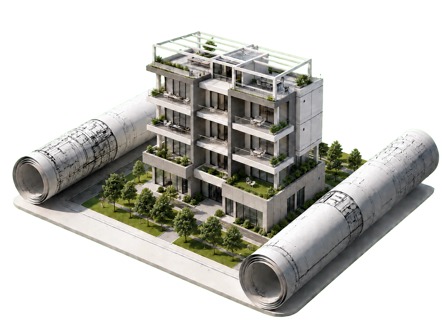Residential architectural scale model on rolled plans